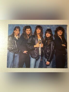 Tesla Band Pinup - Leather Jackets & Denim - Blue Background